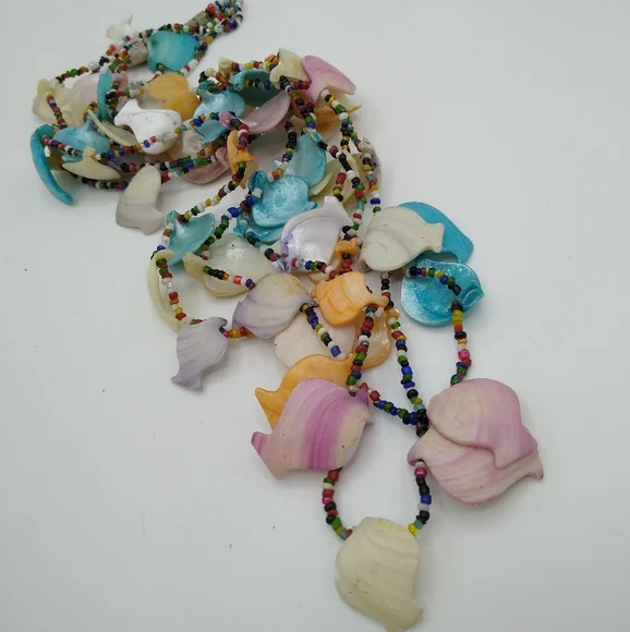 Pastel Dyed Seashell Fish Colorful Multi Strand Seed Bead Necklace 27" Vintage - Picture 12 of 14